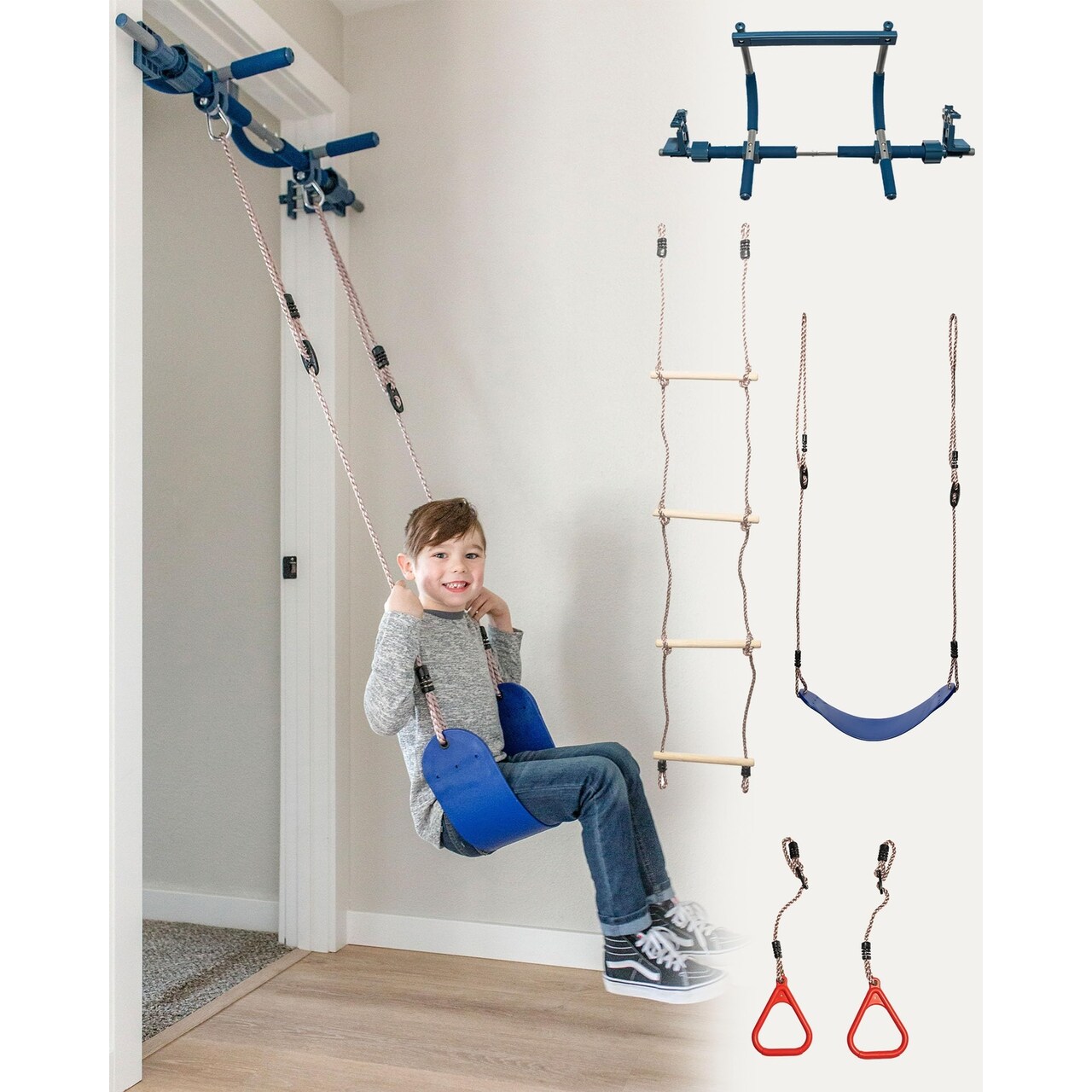Gym1 Indoor Doorway Gym Set - Sensory Swing & Grip Rings - Adjustable Door Frame Pull-Up Bar for Kids & Adults - Door Frame Jungle Gym with Agility Ladder - 4-Piece, Blue